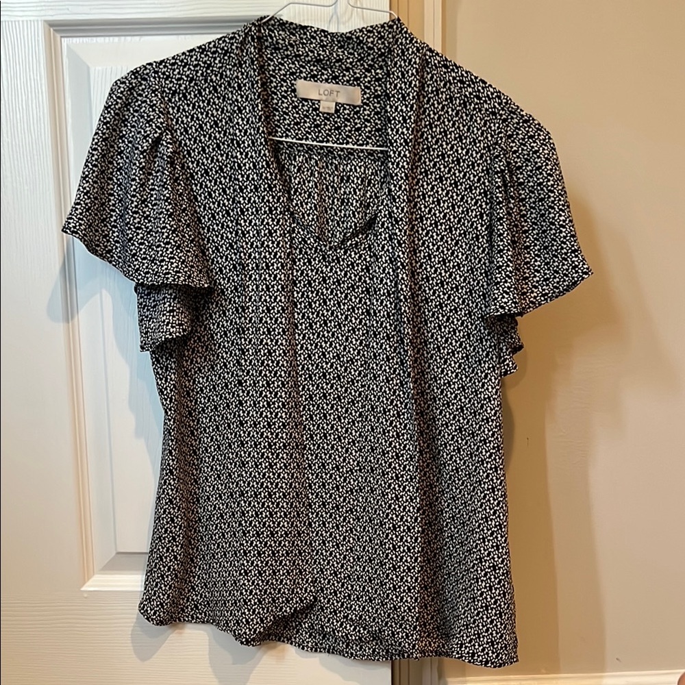 LOFT Black and White Ruffled Sailor Collar Blouse